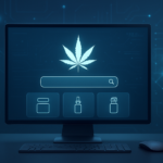 Computer displaying a search interface for cannabis products with a marijuana leaf icon.