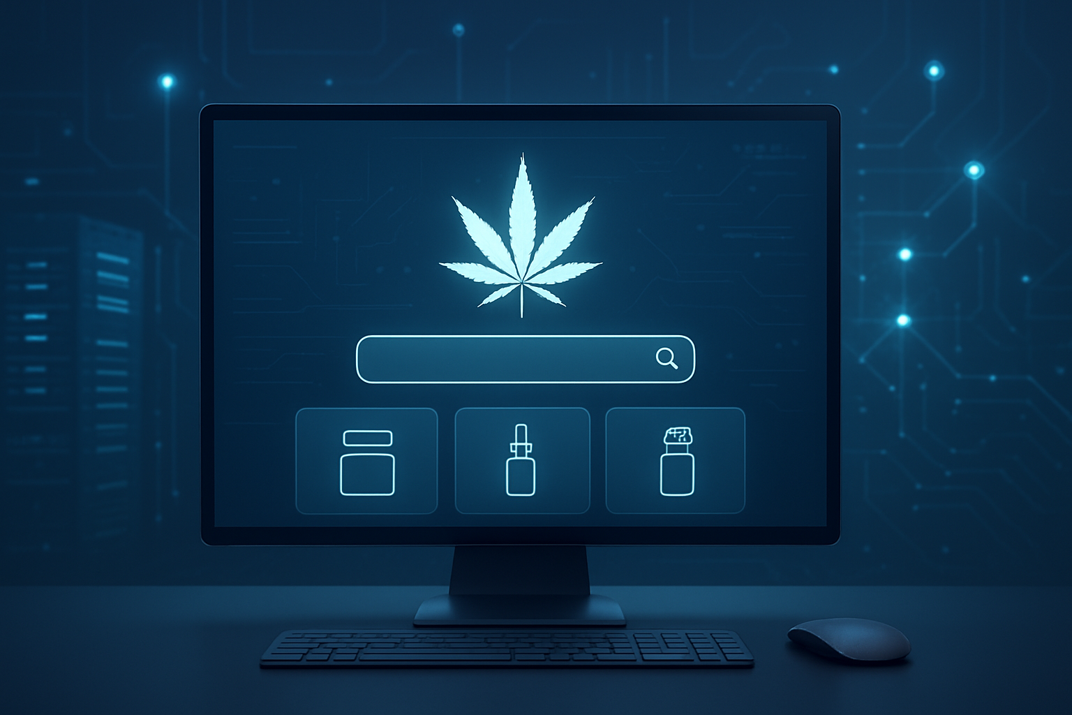 Computer displaying a search interface for cannabis products with a marijuana leaf icon.